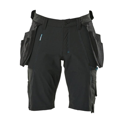 Shorts, removable hanging pockets, stretch craftsman shorts, black