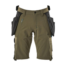 Pantalones cortos, bolsillos colgantes extraíbles, pantalones cortos artesanos elásticos, verde musgo