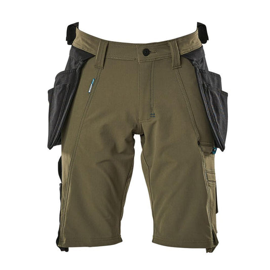 Pantalones cortos, bolsillos colgantes extraíbles, pantalones cortos artesanos elásticos, verde musgo