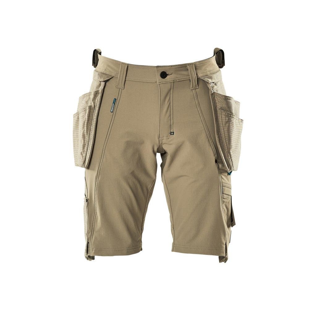 Shorts, removable hanging pockets, stretch craftsman shorts, light khaki
