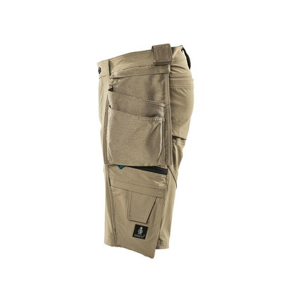 Shorts, removable hanging pockets, stretch craftsman shorts, light khaki
