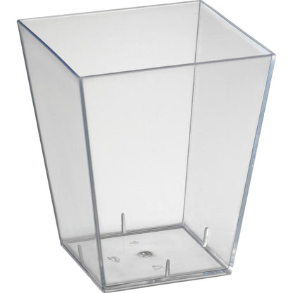 A clear plastic cup with a square base and straight sides, viewed at an angle against a white background, resembles the Duni GmbH Square, Large Transparent PS with its simple and functional design.