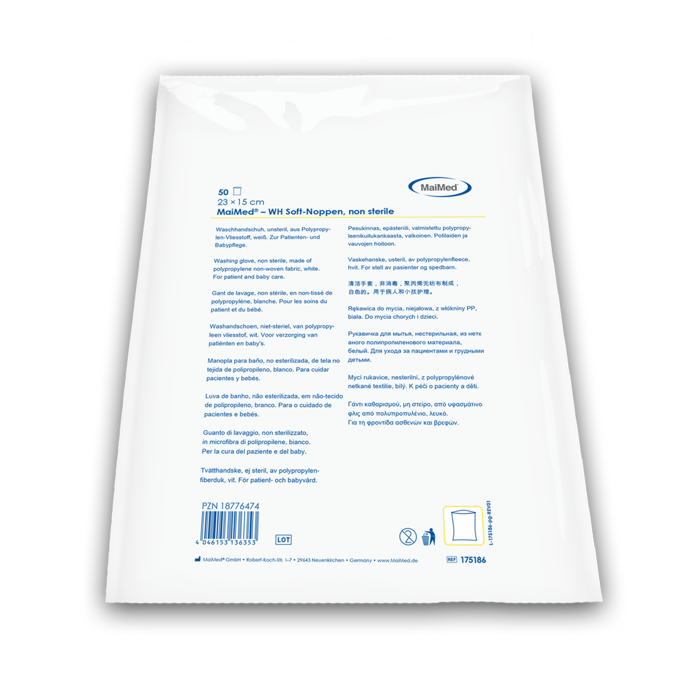 Guante de lavado MaiMed con puntos suaves, no estériles, blancos, de forro polar, 50 unidades/bolsa de plástico | Paquete (50 piezas)