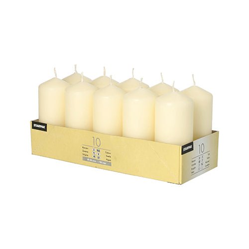 The Starpak 10 pillar candles (Ø 40 mm × 90 mm), arranged in a yellow tray, are perfect for weddings or for creating a cozy atmosphere.