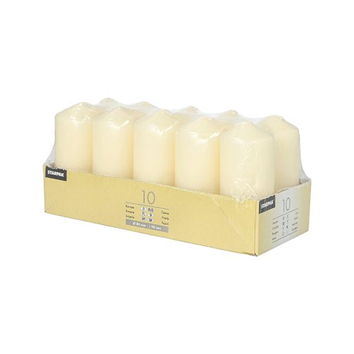 A pack of 10 white Starpak pillar candles (Ø 40 mm, 90 mm) made of clear plastic, presented on a labeled cardboard tray—perfect for weddings or for creating a cozy atmosphere at home.