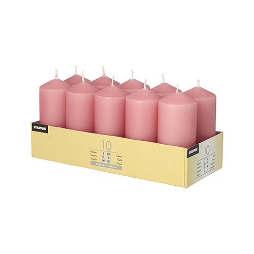 A pack of ten pink Starpak 10 taper candles (Ø 40 mm · 90 mm) is arranged in two rows in an open yellow Starpak box labeled “10”—perfect for weddings or creating a cozy atmosphere.