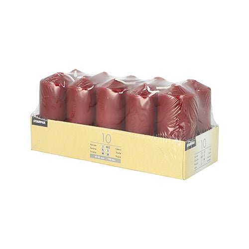 The “Starpak 10 Pillar Candles Ø 40 mm · 90 mm” set is from Starpak and comes packaged in clear plastic wrap and a rectangular cardboard box with labels—perfect for weddings or creating a cozy atmosphere.