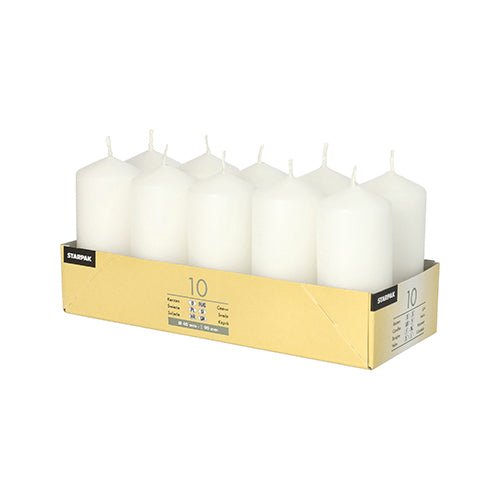 One cardboard tray holds ten Starpak pillar candles (Ø 40 mm, 90 mm) arranged in two rows of five each; the packaging displays product information and the brand name “Starpak” on the sides.