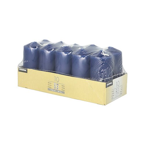 A pack of ten Starpak pillar candles (Ø 40 mm, 90 mm), arranged in two rows, wrapped in clear plastic, and placed in a light brown tray with product information—ideal for weddings or creating a cozy atmosphere.