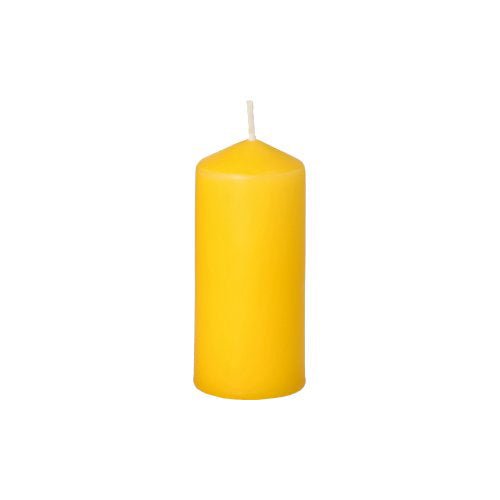 A single, unlit yellow pillar candle from Starpak (Starpak 10 pillar candles, Ø 40 mm × 90 mm) with a white wick stands upright against a simple white background—perfect for creating a cozy atmosphere at weddings.