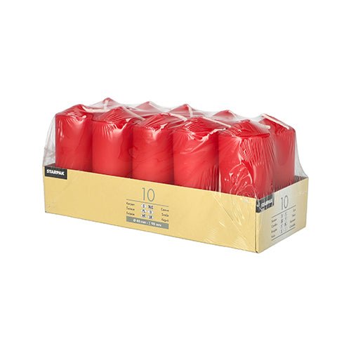A pack of ten Starpak pillar candles (Ø 40 mm, 90 mm), arranged in two rows and packaged in clear plastic with a beige label—perfect for creating a romantic atmosphere at your next gathering.