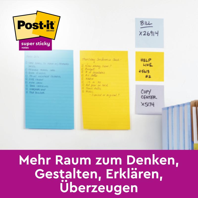 A green, lined Post-it® Super Sticky Note (101 mm x 101 mm, 70 sheets) from 3M Deutschland GmbH is attached to a white wall. The Post-it logo is above the German text in a purple box below. 100% PEFC-certified (SGSCH-PEFC-COC-110078).