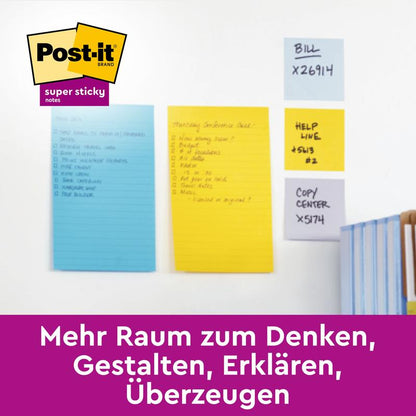 Three 3M Deutschland GmbH Post-it® Super Sticky Notes in large format (101 x 152 mm, lined, various colors) are on a wall above books. The Post-it® logo is at the top left, a German text strip at the bottom shows: "Ideal for extra-strong adhesive power!."