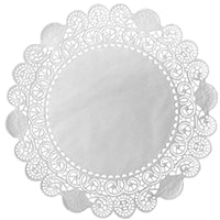 The Duni GmbH Round Doily is a round, white paper doily with a sturdy core and intricate, lace-like edges—ideal for decorating tables at weddings or for serving cake.