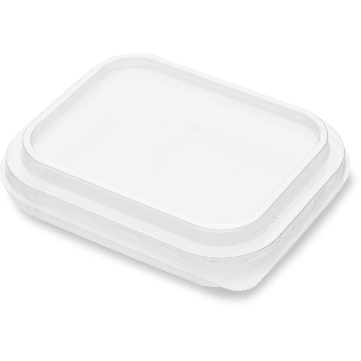 Ein transparenter rechteckiger PP-Deckel (144x120 mm) der Duni GmbH für PP-Schalen, Packung (900 Stück), ist leer auf weißem Hintergrund abgebildet, leicht schräg fotografiert.