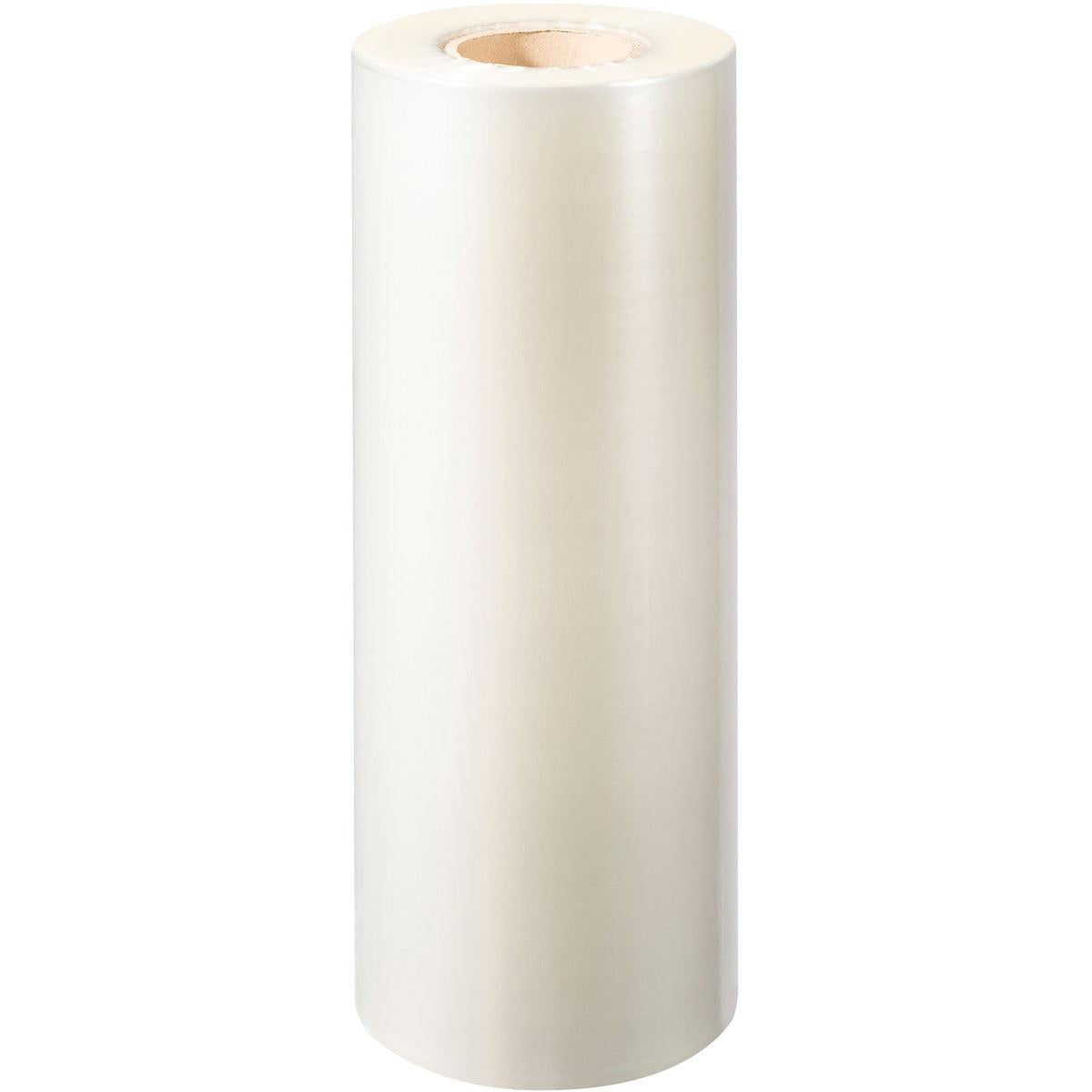 Eine große Rolle der PP-Siegelfolie Antifog der Duni GmbH mit Pappkern steht aufrecht auf weißem Hintergrund - perfekt für Lebensmittelverpackungen.