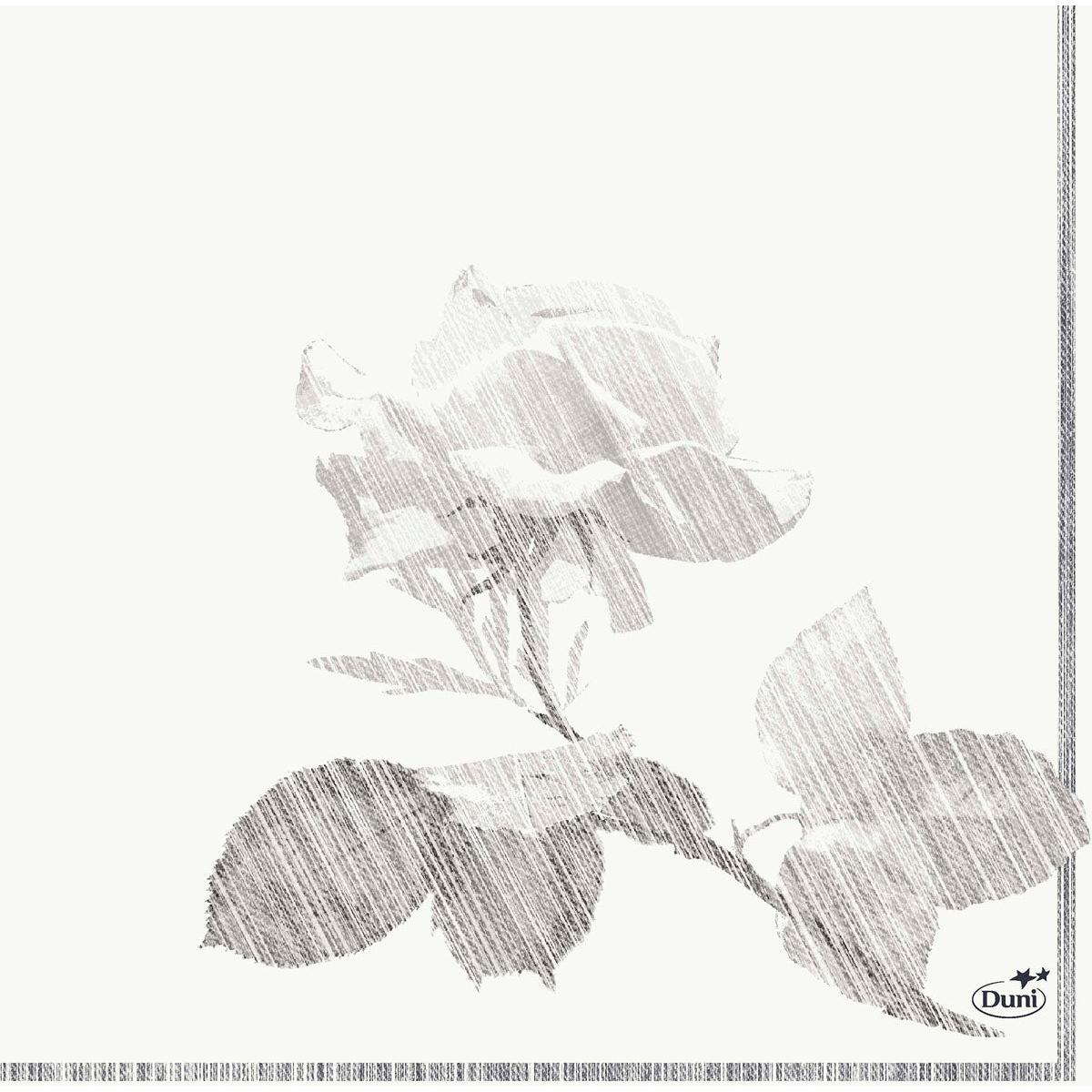 A gray rose sketch with leaves is centered on white and bordered by thin double lines. The logo of Duni GmbH appears at the bottom right - an elegant choice: Cellulose napkins 33x33 cm, 3-ply | Pack (50 napkins).