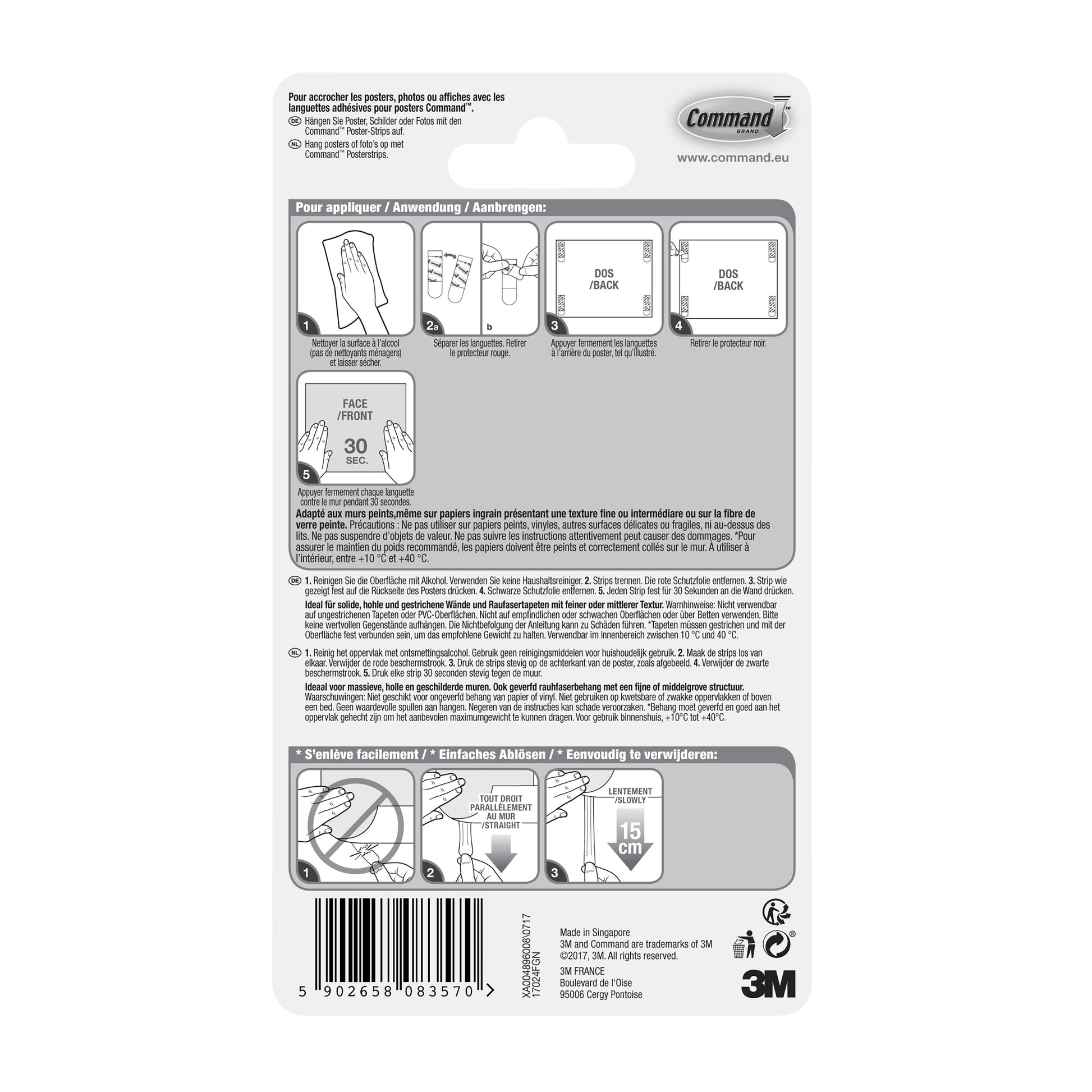 Rückseite einer Packung Command™ Poster-Strips 17024 von 3M Deutschland GmbH mit bebilderter Schritt-für-Schritt-Anleitung für rückstandsfreies Befestigen und Poster befestigen in mehreren Sprachen, mit Diagrammen, Barcode und 3M Branding unten rechts.