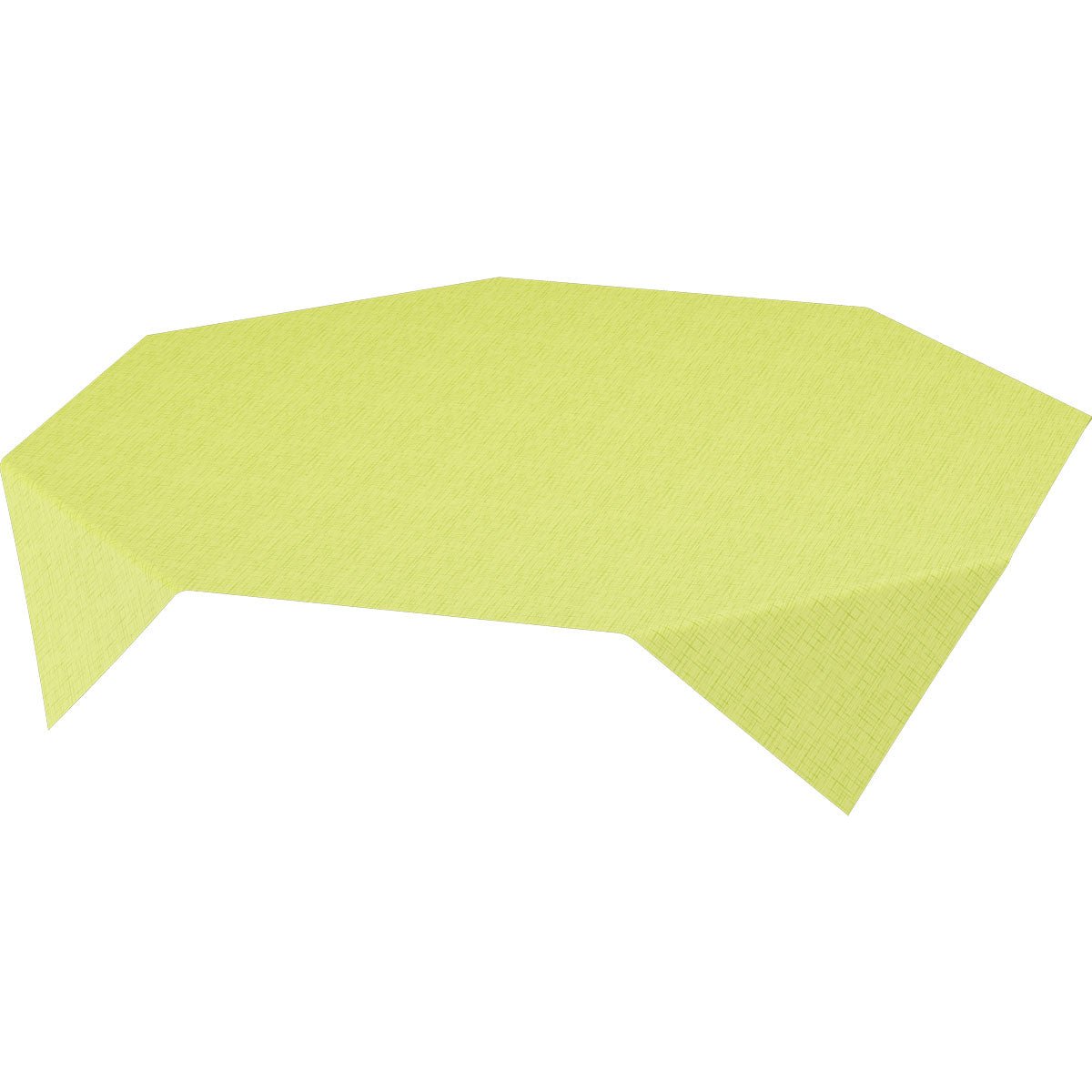 A light yellow Dunisilk MD tablecloth 84x84 cm Linnea kiwi by Duni GmbH gives your table decoration an elegant style, draped over a polygonal table against a white background. High-quality fabric, available in a pack of 100 pieces.
