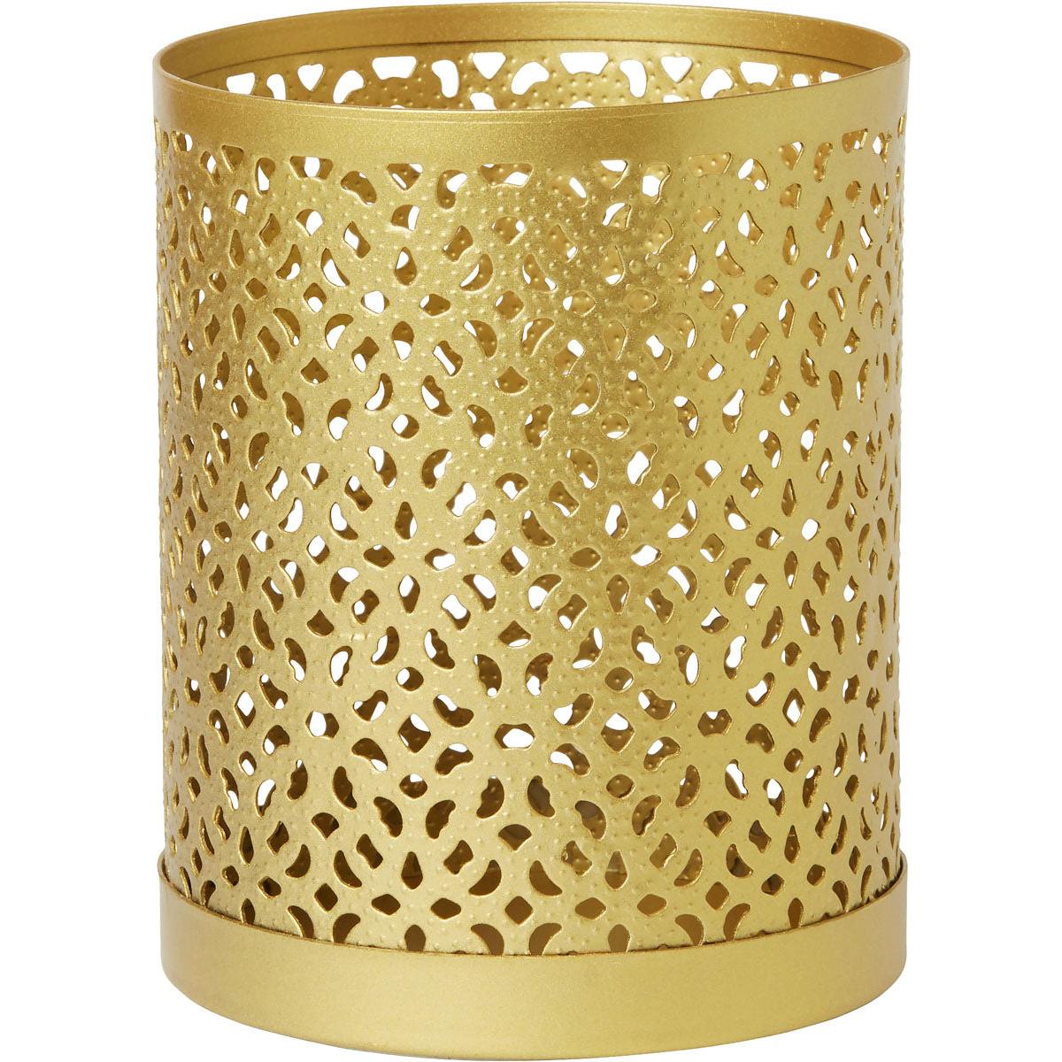 El candelabro de metal, 100x80 mm, dorado de Duni GmbH destaca por su diseño elegante y un patrón de puntos perforados - perfecto como decoración elegante para el hogar. Paquete (1 pieza).