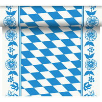 El camino de mesa Tête-à-Tête de Dunicel (24 m x 0,4 m, 20 secciones), de la empresa Duni GmbH, presenta un diseño de rombos azules y blancos con bordes florales y un borde rizado, lo que le confiere un aspecto elegante a la decoración de la mesa.