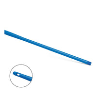 The Nölle Profi Brush HACCP Ergo-Handle Plastic 145 cm Handle from Nölle Profi Brush Bürsten- & Pinseltechnik e.K. is shown at an angle against a white background, with a close-up of the hanging hole—perfect for ergonomic use in professional cleaning.