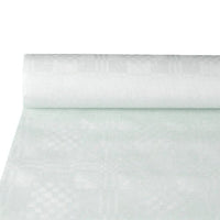 A partially unrolled roll PAPSTAR GmbH paper tablecloth with damask embossing, white (10 m x 1.2 m), highlights the elegant texture—ideal for a stylishly set table. The simple background draws attention to the high-quality damask embossing.