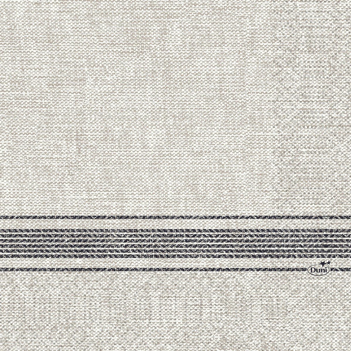 Servilletas de celulosa de tres capas de 33 x 33 cm de Duni GmbH en negro con dos franjas horizontales gris oscuro en la parte inferior y un pequeño logo "Duni" en la franja derecha. Paquete de 50 unidades.