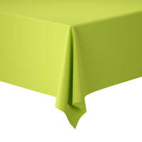 A close-up shows the corner of a rectangular table with a bright green paper tablecloth measuring 50x1.18 m in the "Kiwi" color from Duni GmbH, which is gently draped and hangs neatly against a white background.