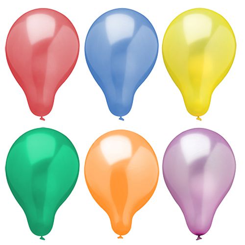 Sechs PAPSTAR Luftballons Ø 25 cm, farbig sortiert im Metallic-Design (6 Stück), liegen in zwei Reihen zu je drei auf weißem Hintergrund.
