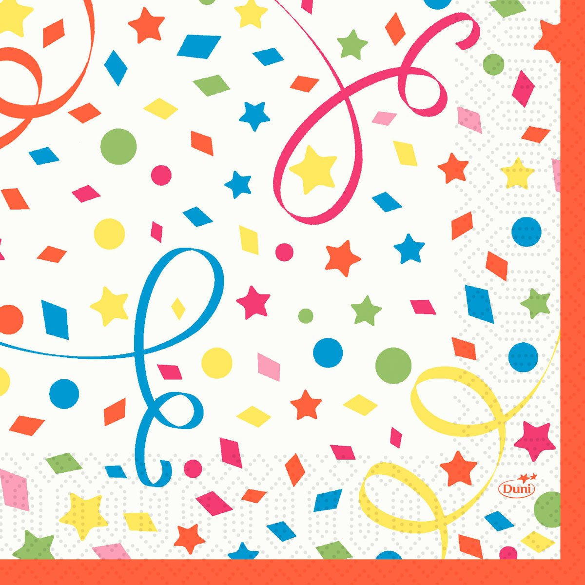 The Duni GmbH discontinued item tissue napkins (33 x 33 cm, 3-ply, 1/4 fold, pack of 250 pieces) have a white background with colorful confetti, stars, dots, swirling ribbons in red, blue, yellow, green & pink, and an orange border.