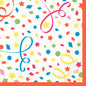 The Duni GmbH discontinued item tissue napkins (33 x 33 cm, 3-ply, 1/4 fold, pack of 250 pieces) have a white background with colorful confetti, stars, dots, swirling ribbons in red, blue, yellow, green & pink, and an orange border.