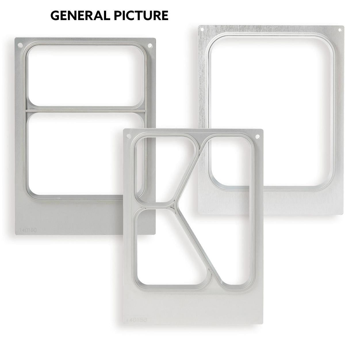 Three cassette DF15/25 frames from Duni GmbH for CPET 1/3 GN trays 2400 ml are depicted on a white background, each with a unique cut-out design. At the top edge of the image, "GENERAL PICTURE" appears.