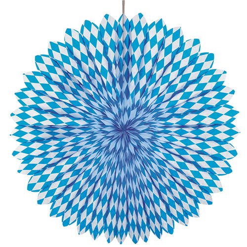 The PAPSTAR decorative fan Ø 75 cm, Bavarian Blue, by PAPSTAR GmbH, features a blue and white diamond pattern and is made of flame-retardant material - ideal for Oktoberfest decoration.