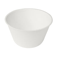 En la imagen se muestra, desde arriba y ligeramente en ángulo, un vaso redondo y blanco de bagazo de 47 cl de la empresa Duni GmbH sobre un fondo blanco. Este vaso biodegradable se suministra en un paquete de 35 unidades.