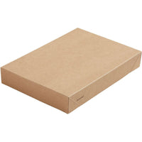 A closed, rectangular Viking Brick lid, brown cardboard/PLA, 200x140x30, from Duni GmbH, is shown against a white background, unlabeled except for faint text indicating that it is eco-friendly packaging for the food service industry (pack of 300).