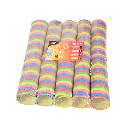 Zehn flammenhemmende PAPSTAR Luftschlangen "Stripes" (je 4 m) von PAPSTAR GmbH kommen in einer Klarsichtpackung mit Frontetikett. Die Luftschlangen verfügen über mehrere leuchtende Farben, perfekt für Party Dekoration.