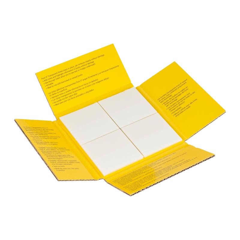An open yellow, rectangular folder from 3M Deutschland GmbH shows four white blocks of Post-it® Transparent Notes (73 mm x 73 mm, 36 sheets/block, 12 blocks/package) with black instructions inside. The background is white.
