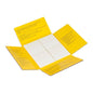 An open yellow, rectangular folder from 3M Deutschland GmbH shows four white blocks of Post-it® Transparent Notes (73 mm x 73 mm, 36 sheets/block, 12 blocks/package) with black instructions inside. The background is white.