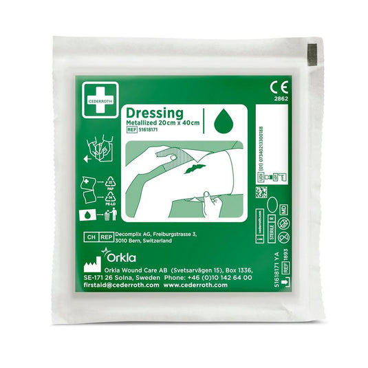 Un envase verde y blanco con la inscripción «Cederroth Netzverband | Envase (1 unidad)», de Orkla Wound Care AB, contiene en la parte delantera instrucciones ilustradas para el cuidado de heridas, detalles del producto, información sobre la empresa y símbolos médicos.