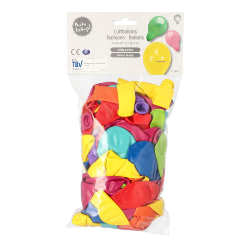 Eine durchsichtige Plastiktüte der PAPSTAR GmbH enthält 100 runde, farbig sortierte unaufgeblasene Luftballons. Das „Luftballons Balloons Ballons“-Label mit Ballonbildern sorgt mit hochwertigem Material für dauerhaften Spielspaß.
