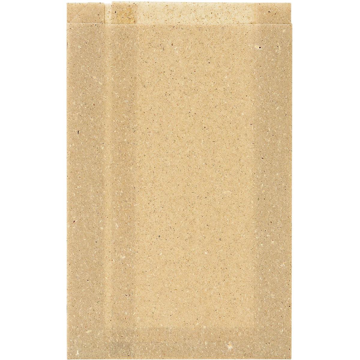 Eine schlichte, rechteckige, hellbraune Matze ruht auf weißem Hintergrund neben einer Duni GmbH Graspapier-Tüte Bloom Medium 310x200 mm aus Natur Graspapier (Packung mit 500 Stück).