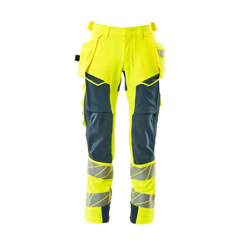 Pants with hanging pockets, ULTIMATE STRETCH pants, hi-vis yellow/dark petroleum