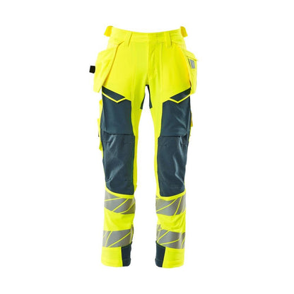 Pants with hanging pockets, ULTIMATE STRETCH pants, hi-vis yellow/dark petroleum