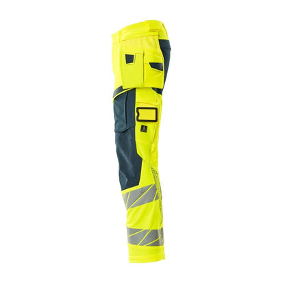 Pants with hanging pockets, ULTIMATE STRETCH pants, hi-vis yellow/dark petroleum