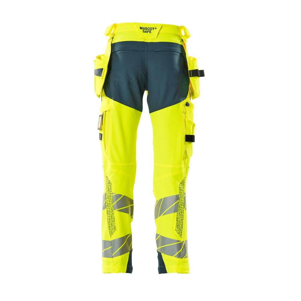 Pants with hanging pockets, ULTIMATE STRETCH pants, hi-vis yellow/dark petroleum
