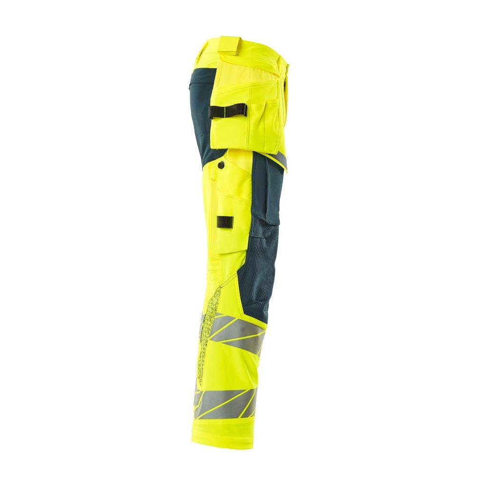 Pants with hanging pockets, ULTIMATE STRETCH pants, hi-vis yellow/dark petroleum