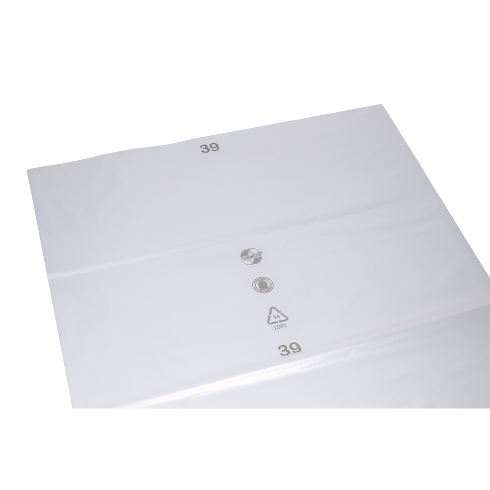 En gjennomsiktig EMIL DEISS KG-plate (modell DEISS 19101, 700x1100x0,1 mm) ligger flatt på hvit bakgrunn og er trykket med grå resirkuleringssymboler og tallet 39.