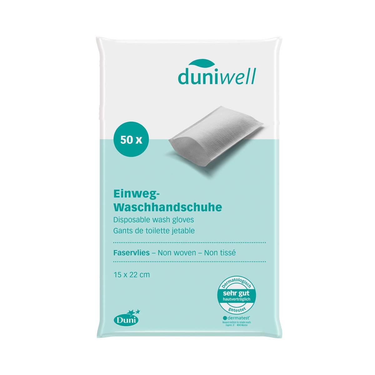 A pack of Duni GmbH disposable wash gloves Sensitive, 50 pieces - skin-friendly and hygienic (15 x 22 cm); Product information in German, English & French for optimal care.