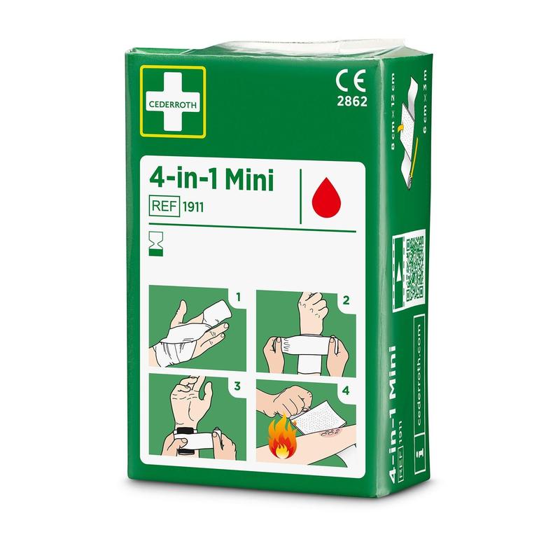 Eine grün-weiße Packung mit der Aufschrift "Cederroth 4-in-1 mini blutstopper" (Orkla Wound Care AB, 1 Stück) trägt die CE-Kennzeichnung und eine bebilderte Anleitung zur Wundversorgung, zum Verbinden und zum Schutz vor Verbrennungen.